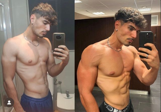 Side-by-side comparison of a man's physique transformation. He's shirtless, flexing, showing increased muscle mass in a bathroom and gym setting.