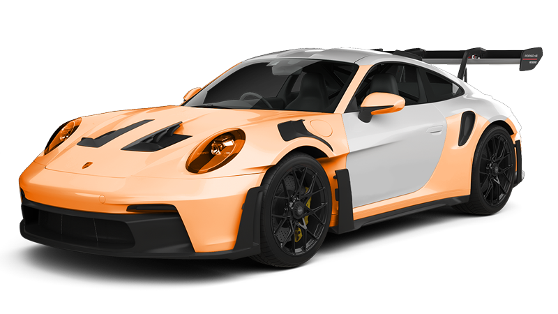 Orange and silver Porsche 911 GT3 with a rear wing on a white background.