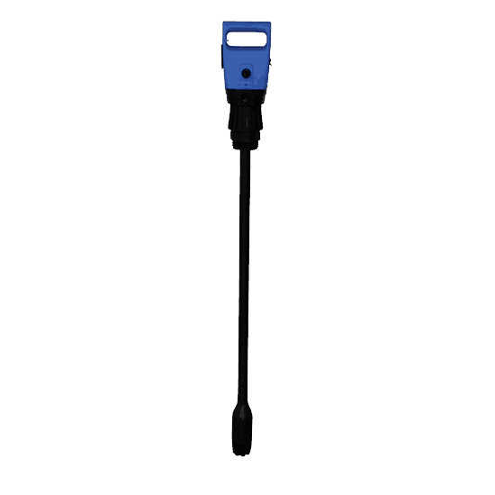 Blue and black telescoping rod with a small handle, isolated on a white background