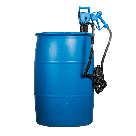 Blue plastic drum with a blue electric fuel pump and black hose attached