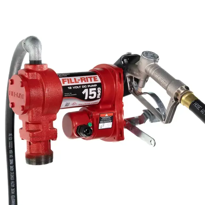 Red Fill-Rite fuel transfer pump with attached hoses and fittings on white background