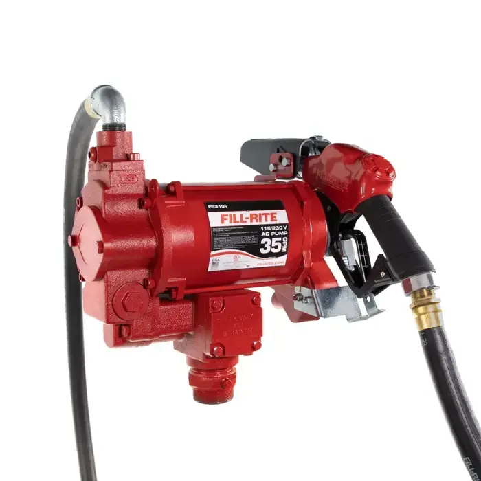 Red Fill-Rite fuel transfer pump with black hose and nozzle on a white background