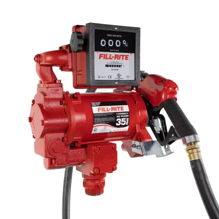 Red Fill-Rite fuel transfer pump with digital meter and hose on a white background
