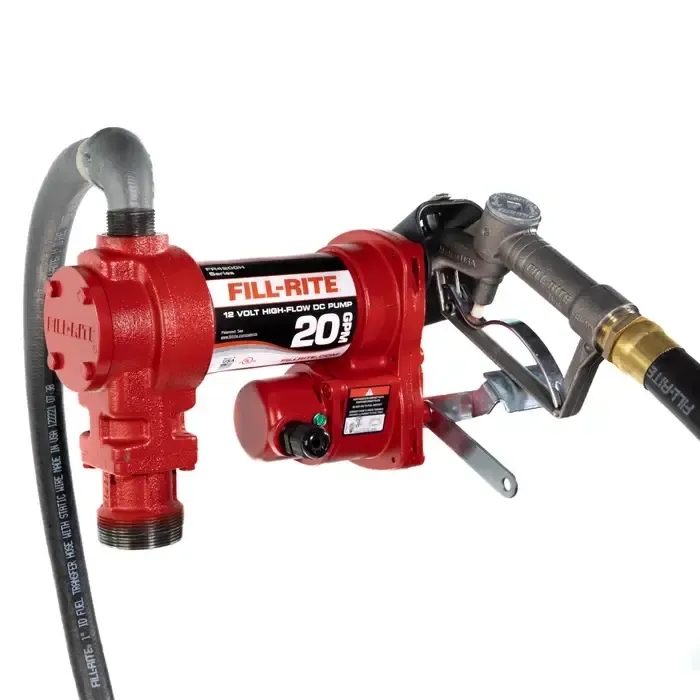 Red Fill-Rite fuel transfer pump with hoses and nozzle on white background