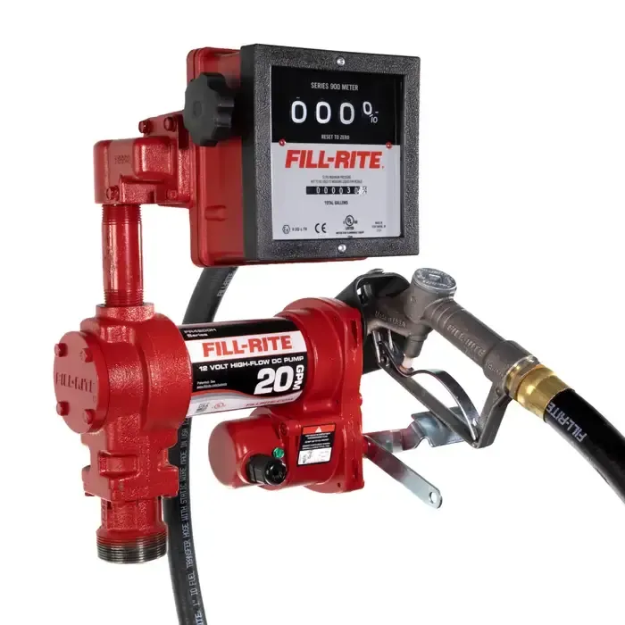 Red Fill-Rite fuel transfer pump with digital meter and attached black hose
