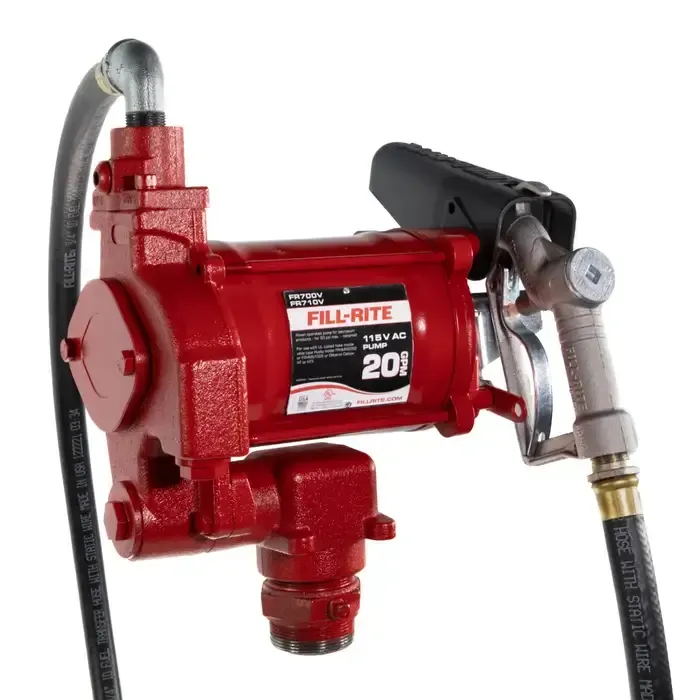 Red Fill-Rite fuel transfer pump with hose and nozzle on a white background