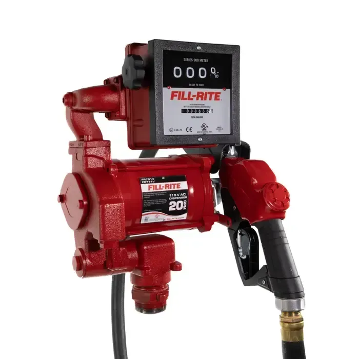 Red FILL-RITE fuel transfer pump with digital meter and hose nozzle