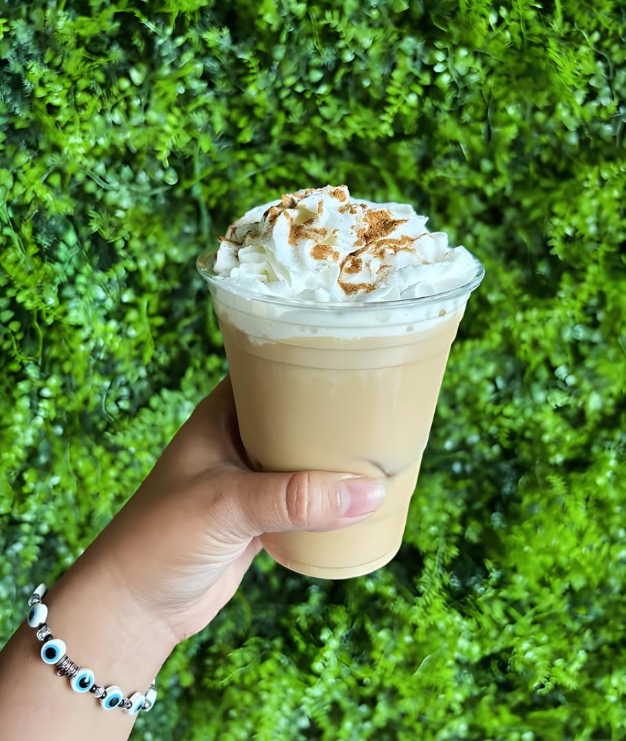 A hand holds a plastic cup of iced coffee topped with whipped cream and cinnamon, set against a green foliage wall.