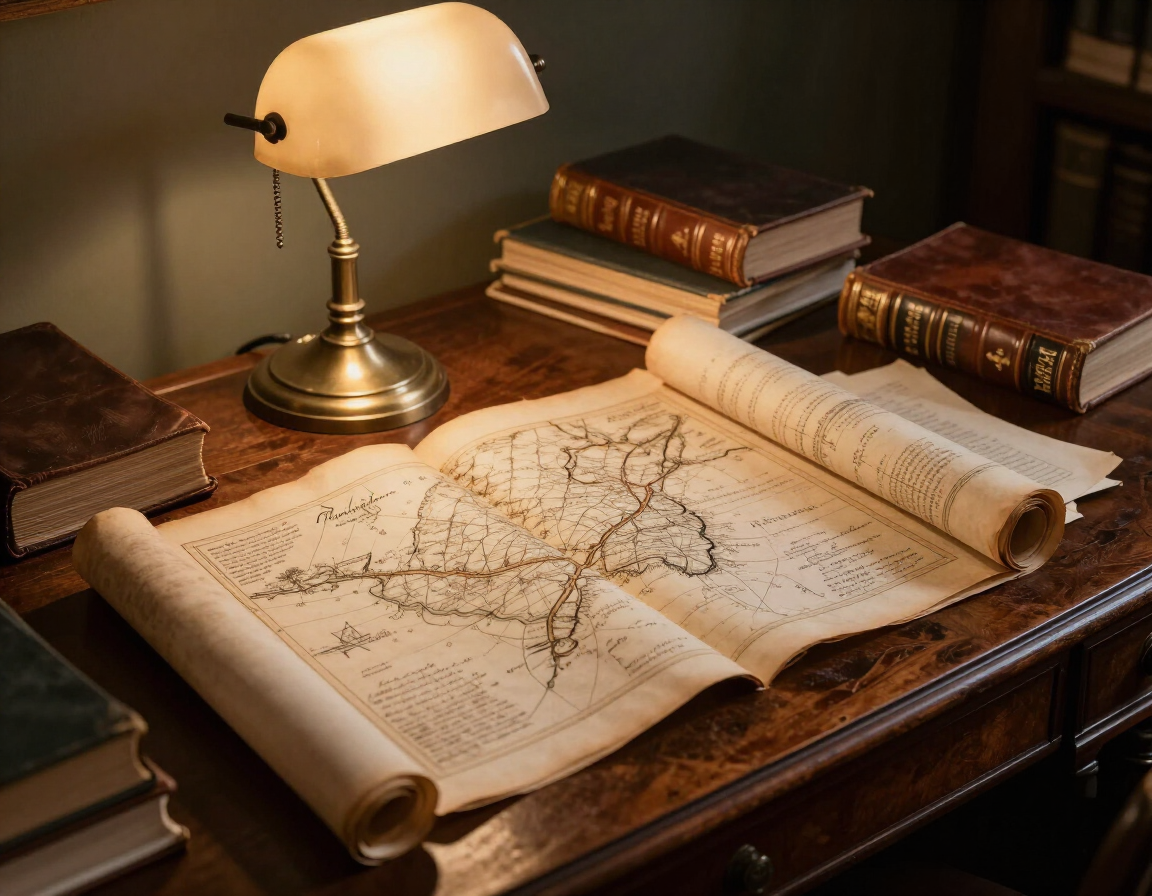 Archival scholar's study with maps, manuscripts and a brass desk lamp