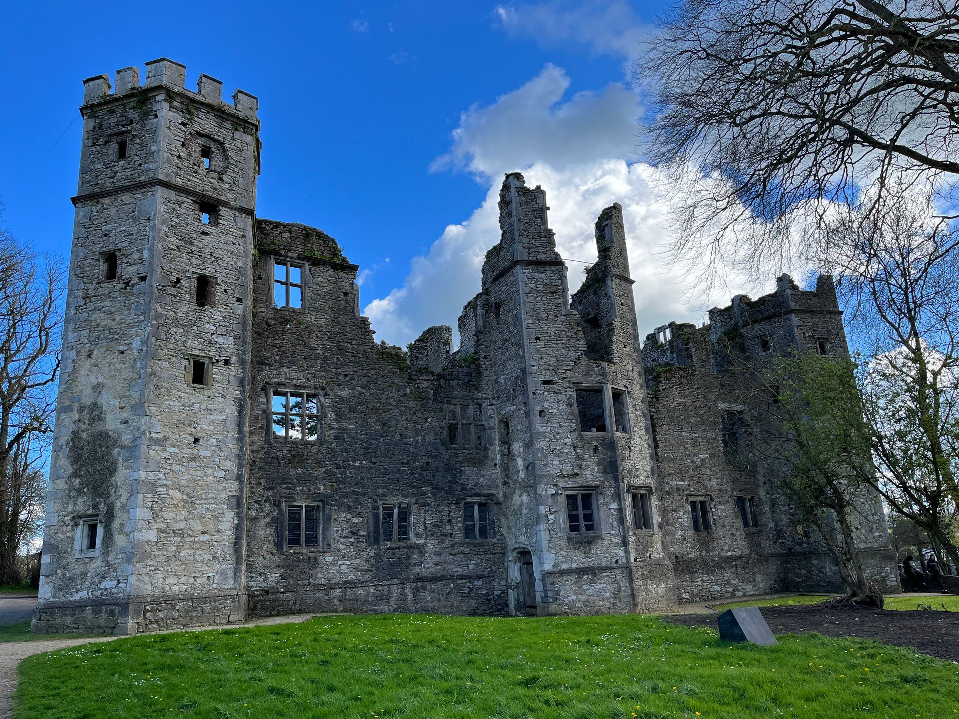 Stone castle ruins with tall towers under a blue sky, beside green grass and leafless trees