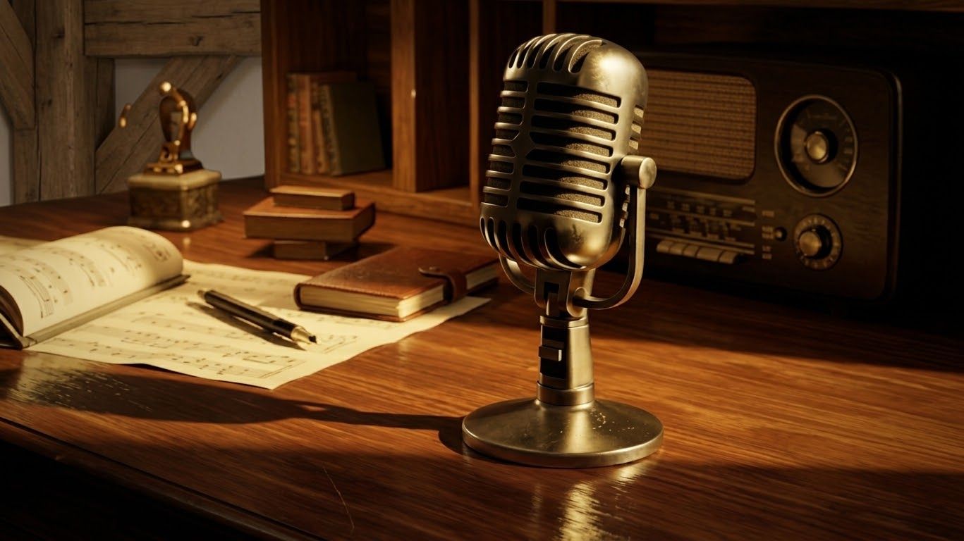 Vintage radio and microphone on a wooden desk beside an open book and lamp in warm light