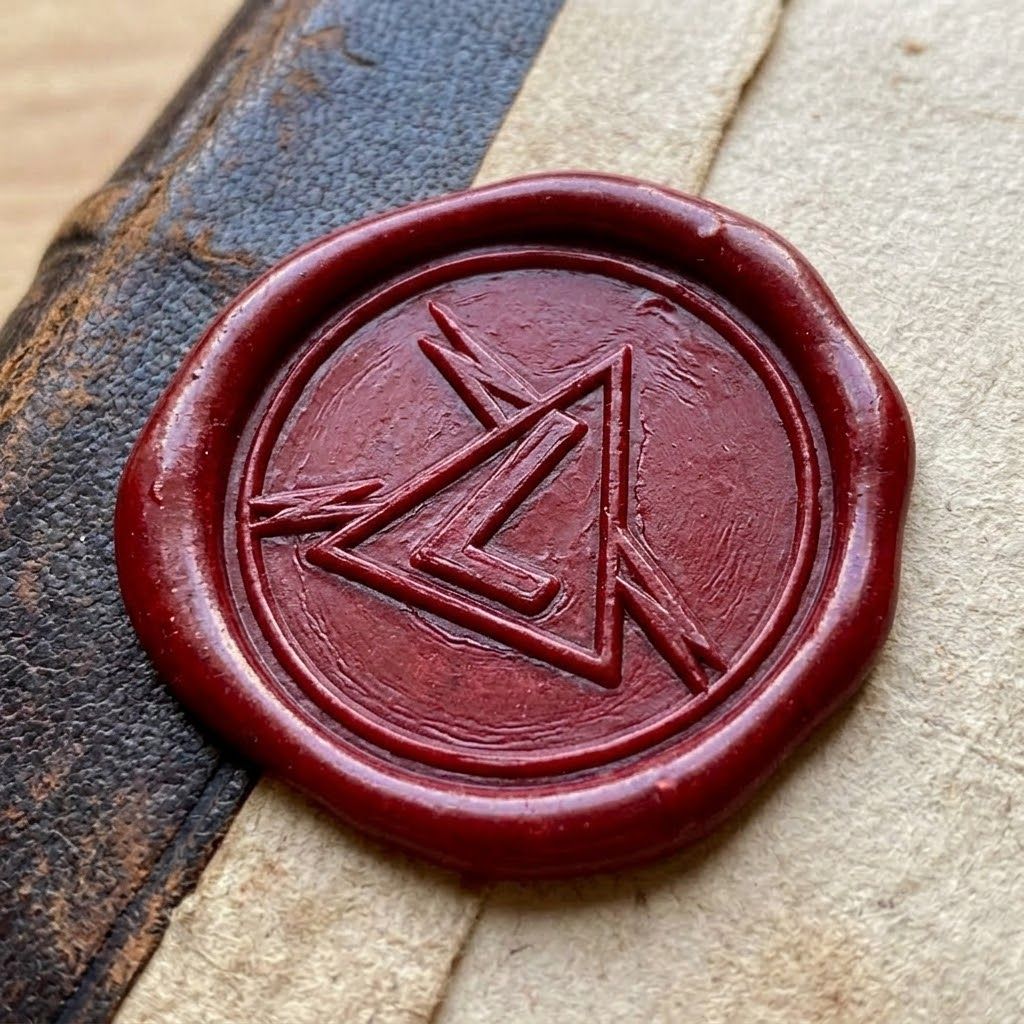 Red wax seal with a geometric triangle emblem on a cream-and-brown surface
