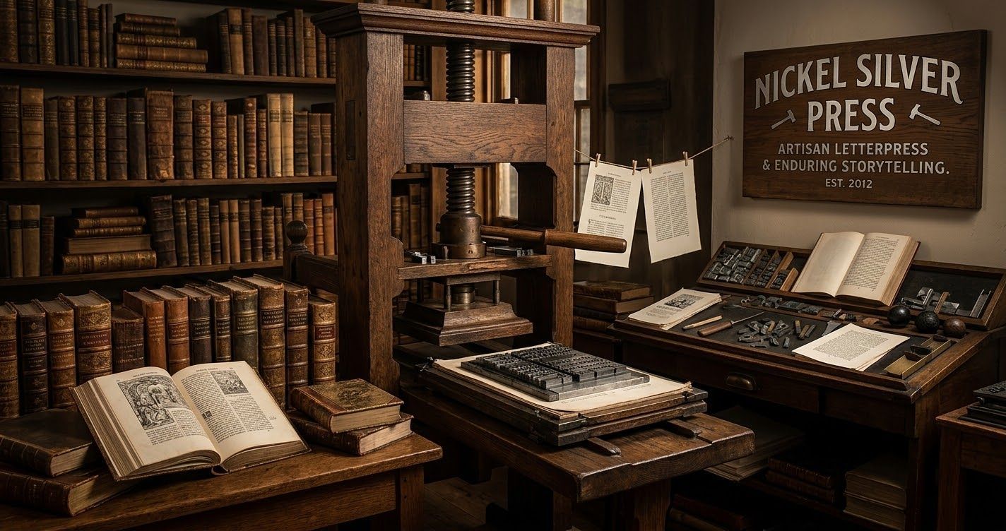 Vintage printing press room with shelves of books, open ledgers, and a sign reading “Nickel Silver Press.”