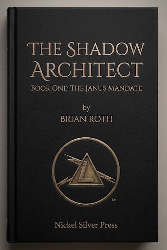 Book cover for “The Shadow Architect” by Brian Roth, black background with gold title and pyramid emblem
