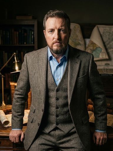 Archival portrait of author Brian Roth at a writing desk surrounded by old maps and reference books