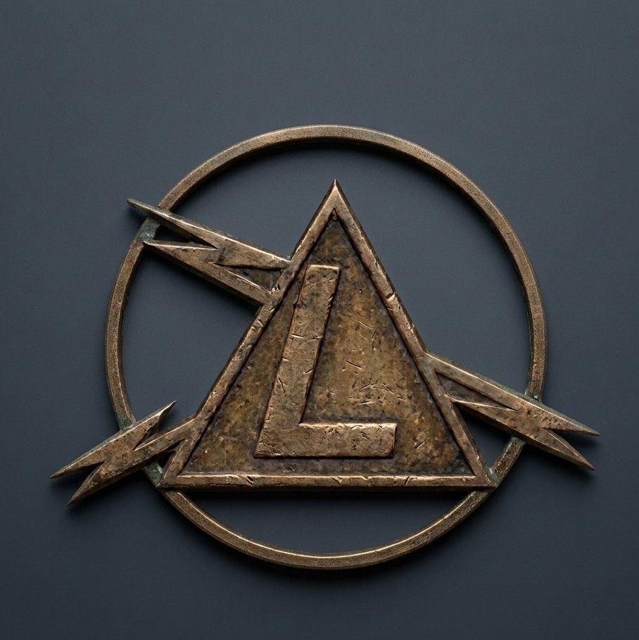 Bronze triangular emblem with an L inside a circle on a dark background