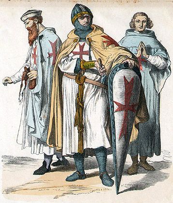 Three medieval knights in white tunics with red crosses, one holding a shield and one a sword and shield.