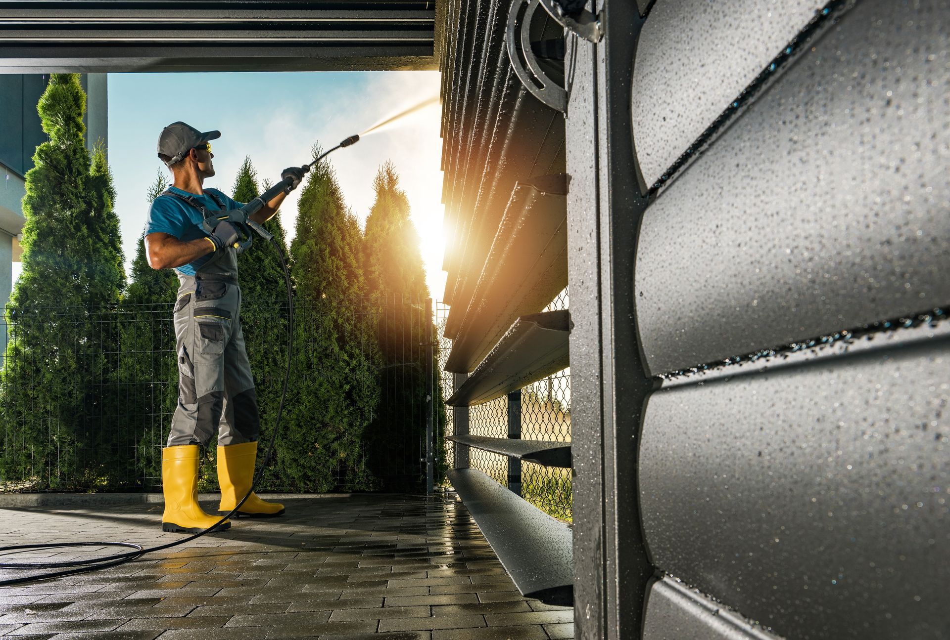 A person power washing a dark garage door, sunlight in the background.