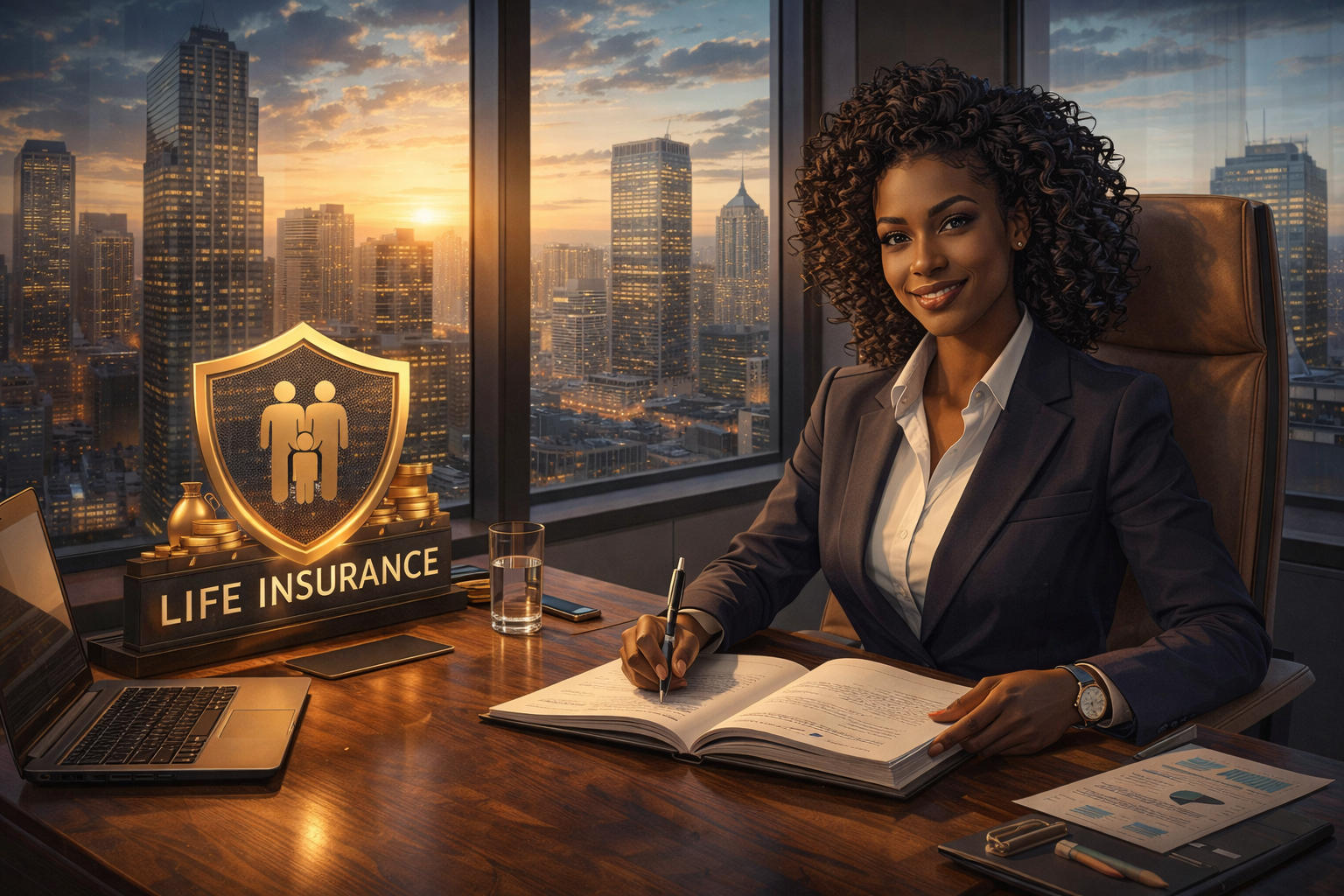 Life insurance advisor at a desk in a city office, smiling beside a glowing shield logo and contract documents