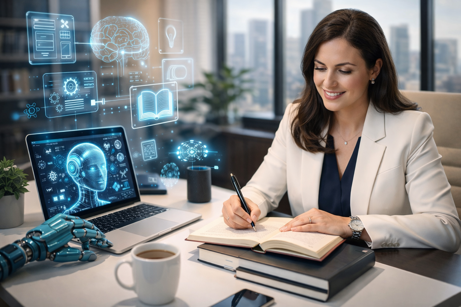 Woman writing in a notebook at a desk with a laptop displaying holographic tech icons and a robotic hand