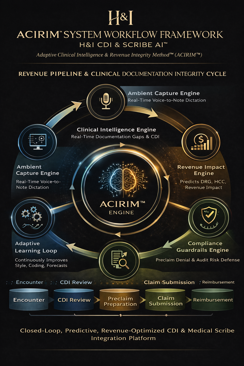 Gold-and-black circular AI framework infographic with central AICRIM emblem and surrounding process icons