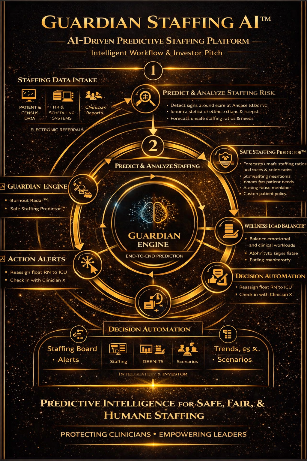 Gold-and-black infographic for Guardian Staffing AI, showing recruitment and staffing process steps.