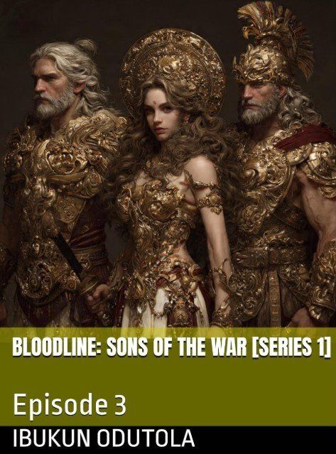 Three armored figures with ornate gold headpieces, titled “Bloodline: Sons of the War” episode 3.