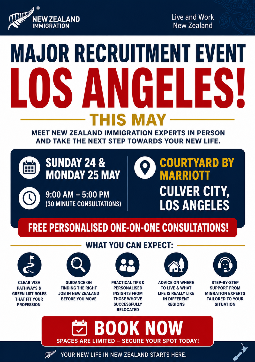 Los Angeles recruitment event flyer with date, time, Marriott Courtyard location, and book-now call to action