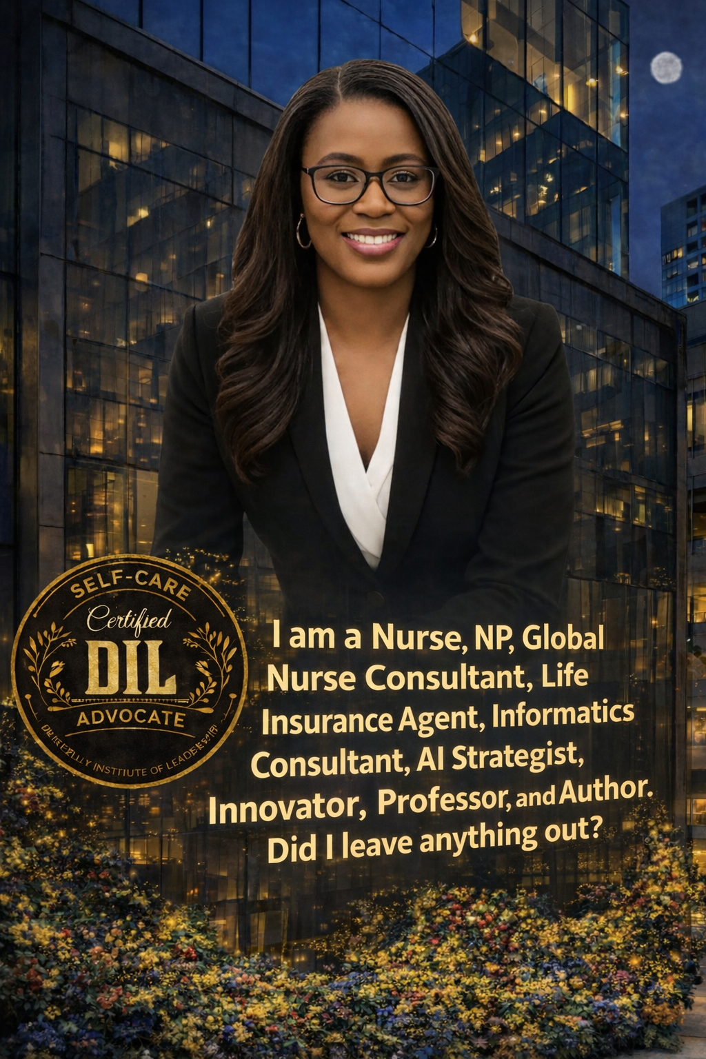 Portrait of a smiling professional in glasses, with text listing nursing, consulting, and AI roles.