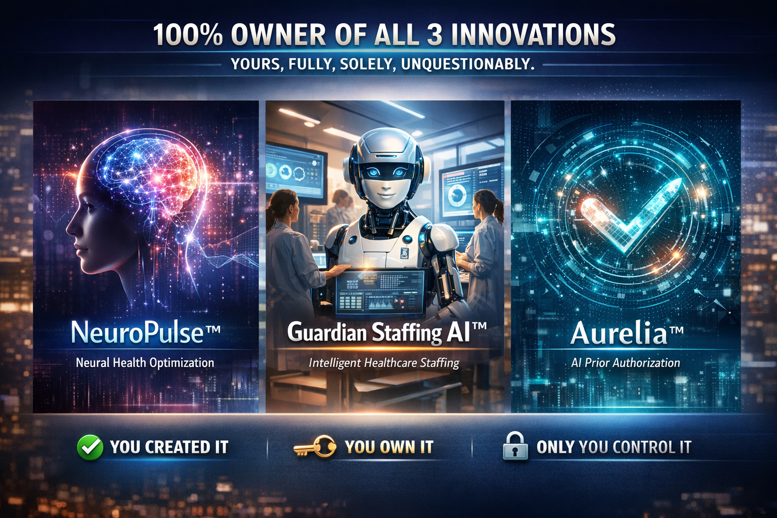 Banner advertising three AI innovations: glowing profile, robot, and checkmark on a blue digital background.