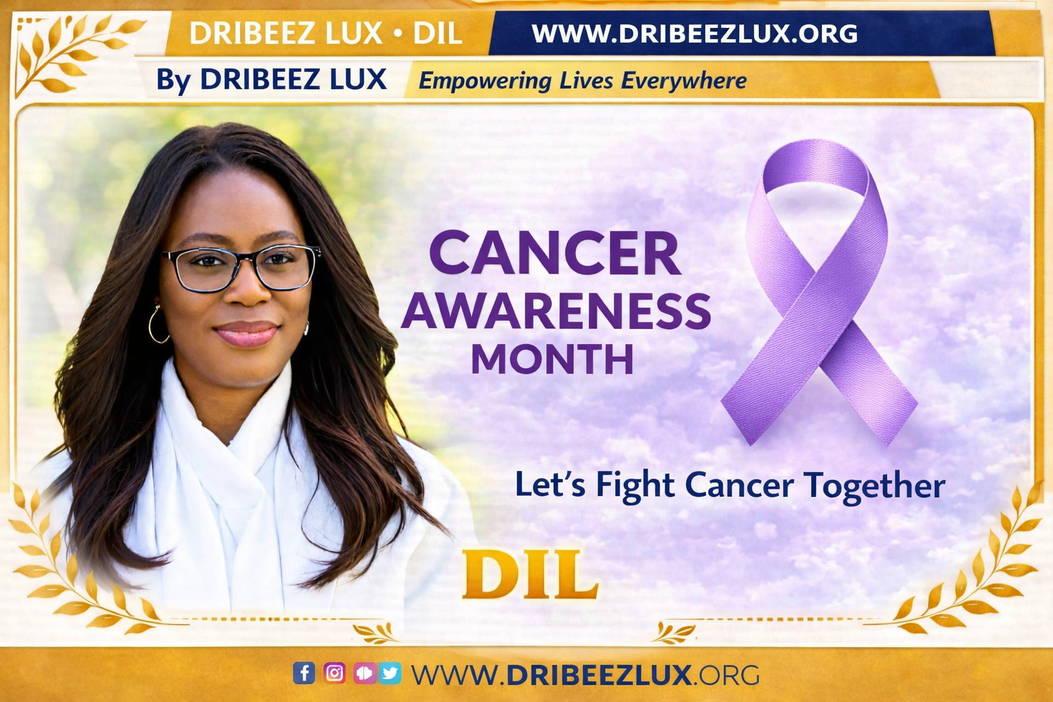 Cancer Awareness Month poster with purple ribbon, smiling woman, and “Let’s Fight Cancer Together” text