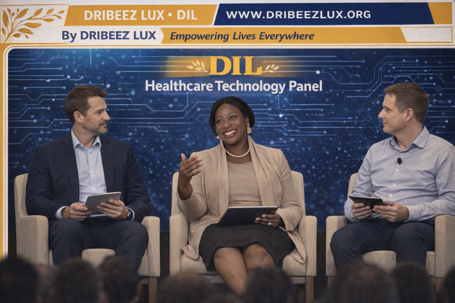 Three panelists seated onstage at the DIL Healthcare Technology Panel, speaking in conversation.