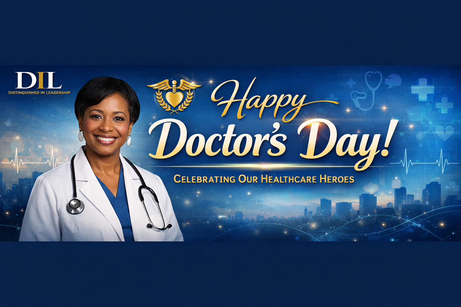 Doctors Day banner with a smiling doctor in a white coat, stethoscope, and the text “Happy Doctors Day!”