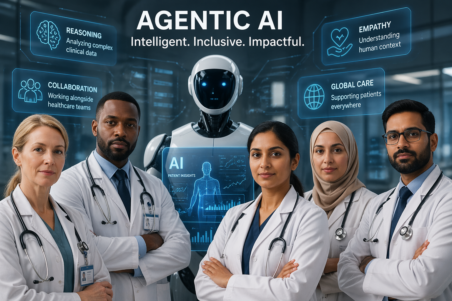 Doctors and a humanoid robot in a blue AI healthcare banner titled “Agentic AI”