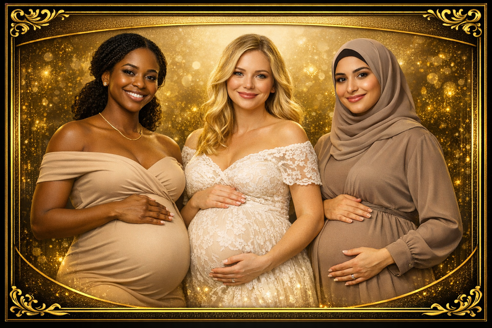 Three pregnant women in elegant dresses posing in a gold-framed, glittering studio portrait