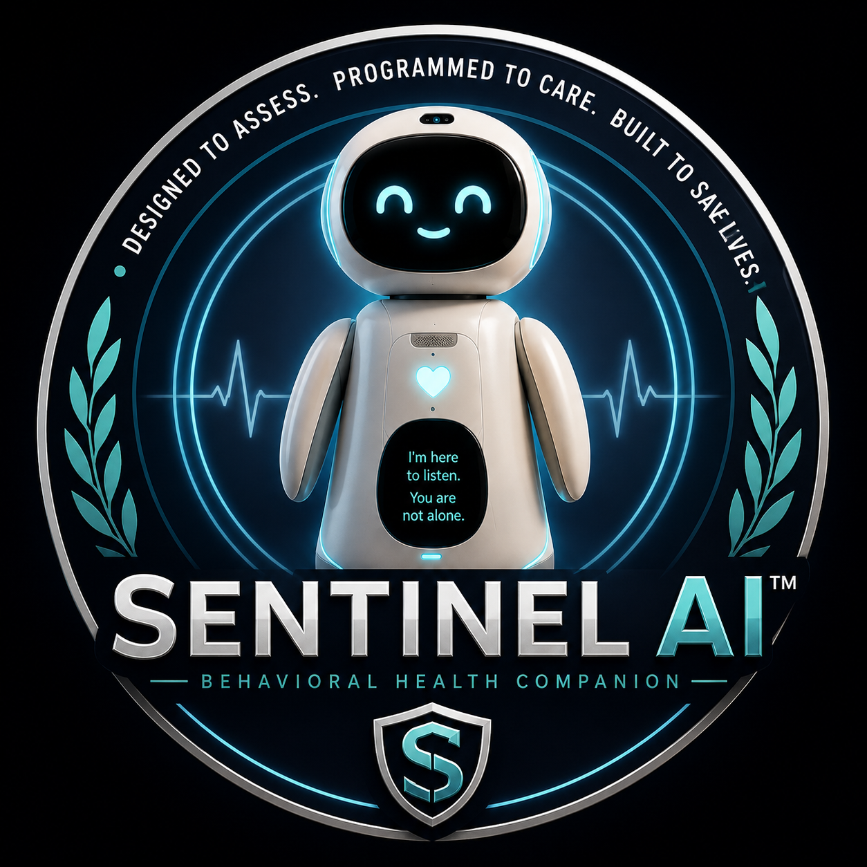 Sentinel AI logo with a glowing robot mascot, teal accents, and circular text on a dark background