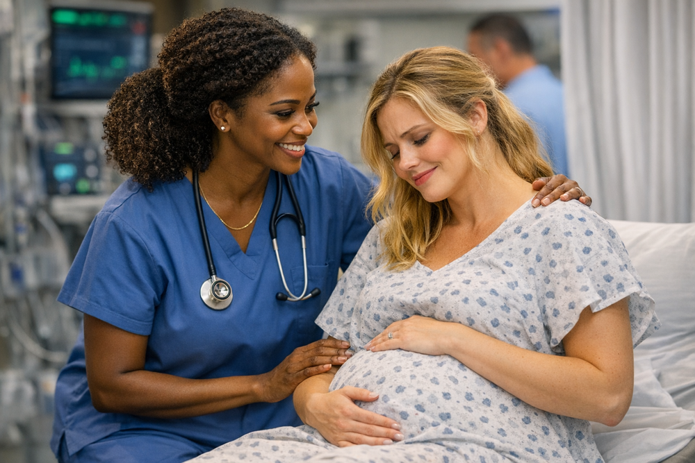 Nurse in blue scrubs smiling and comforting a pregnant patient in a hospital room