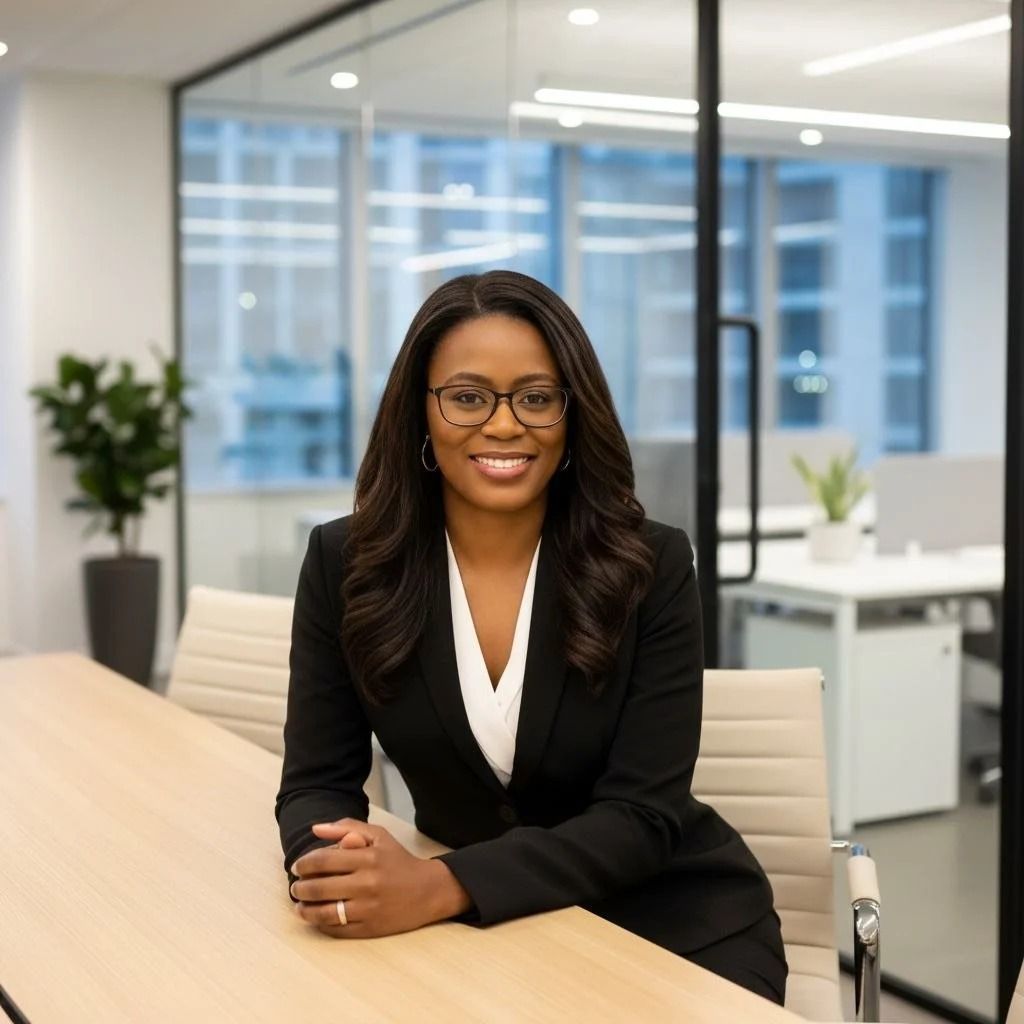 Professional woman smiling at a conference table in a modern office with large windows.