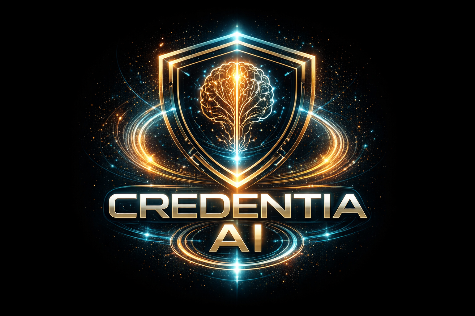 Glowing gold shield logo with swirling energy and the text “CREDENTIA AI” on a dark background