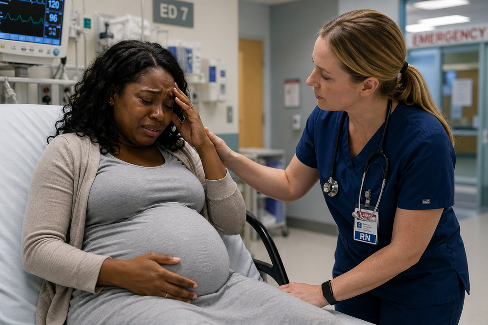 Nurse comforts a pregnant patient holding her head in an emergency room.