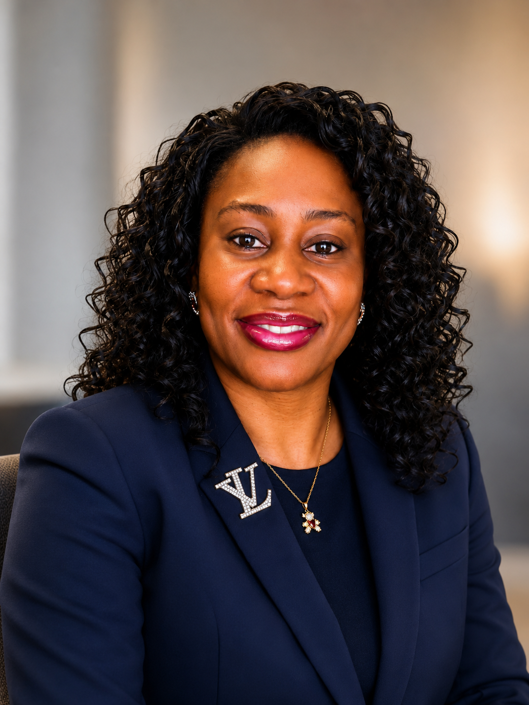 Portrait of a smiling woman in a navy blazer with curly hair, seated indoors against a neutral background