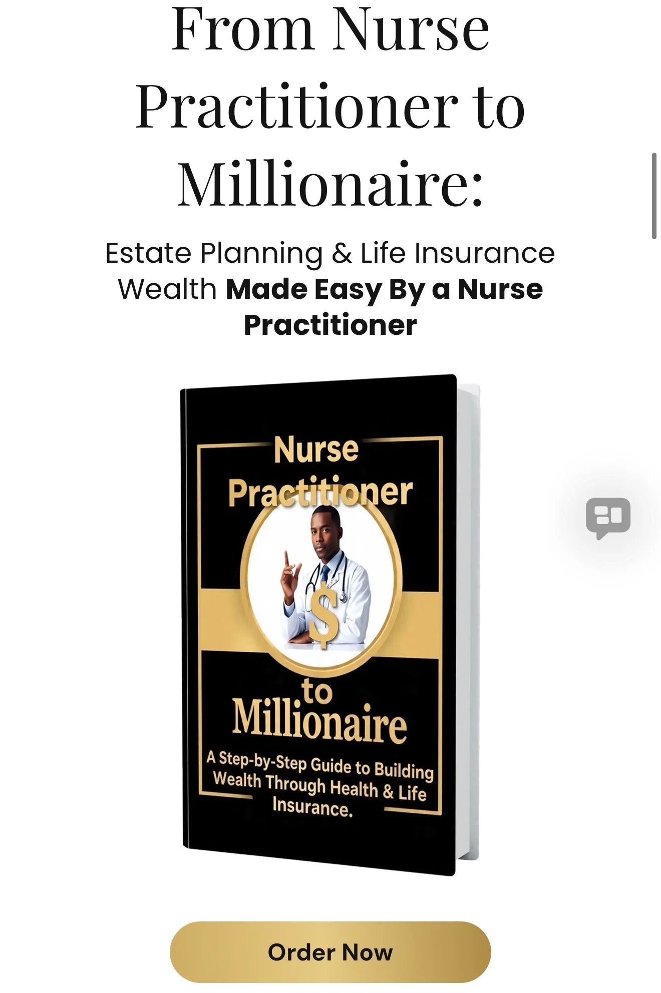 Book ad for “From Nurse Practitioner to Millionaire” with gold “Order Now” button on white background