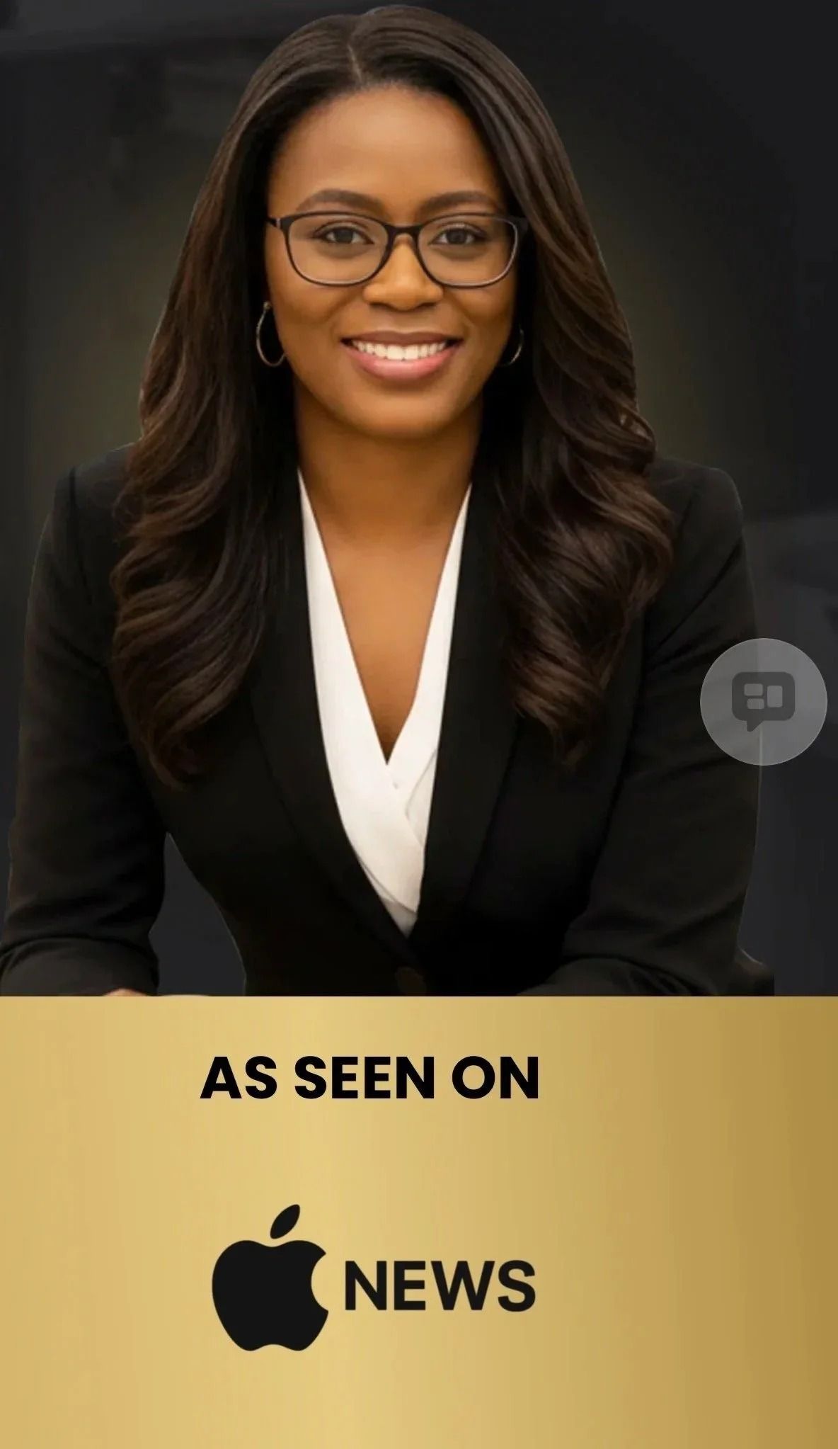 Woman in a black blazer and glasses above an “AS SEEN ON Apple News” banner