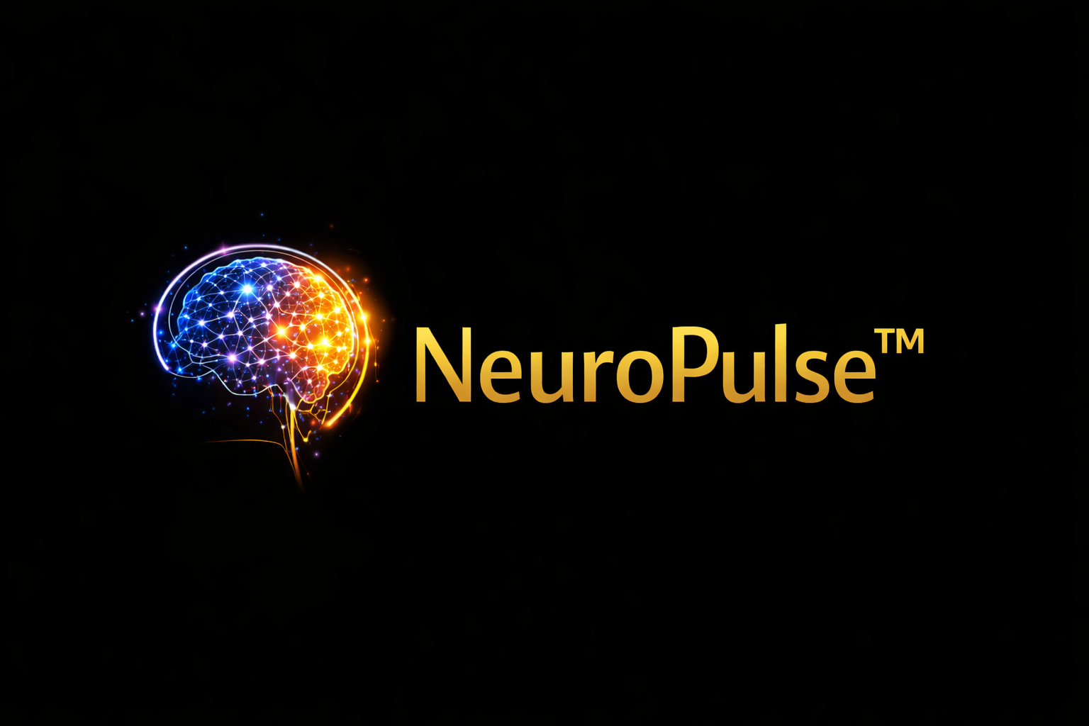 NeuroPulse logo with a glowing blue-and-orange brain on a black background