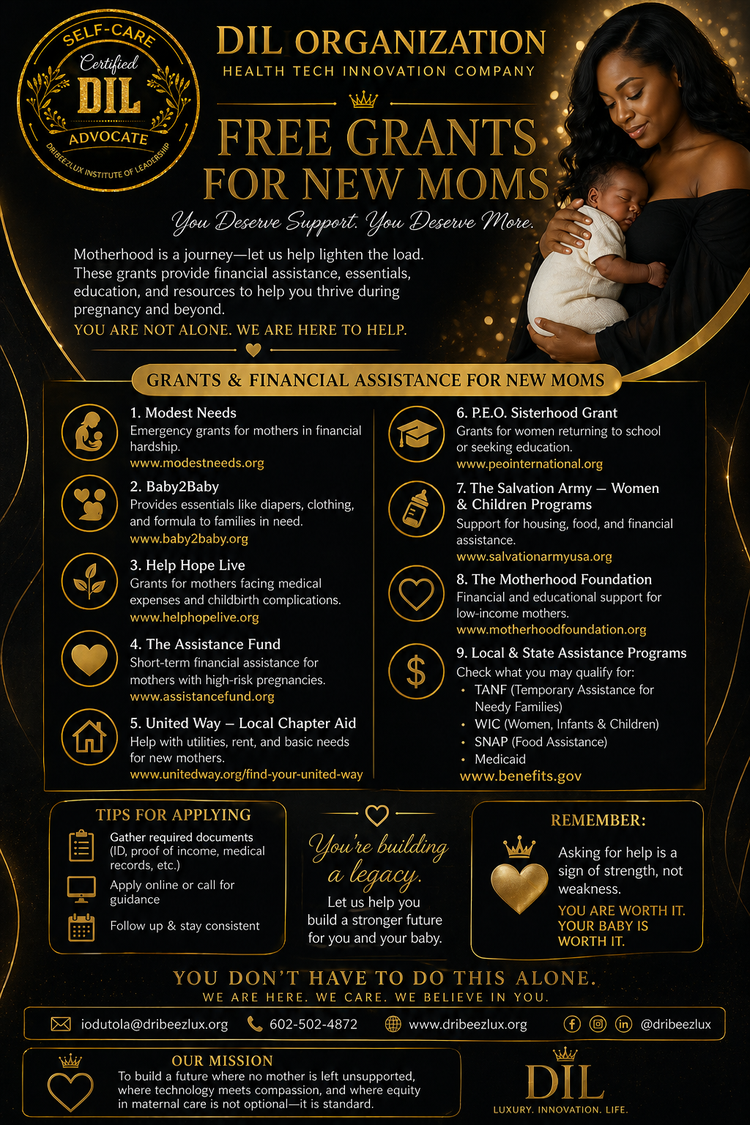 Black-and-gold flyer for a free grants program for new moms, with application details and sponsor logos.