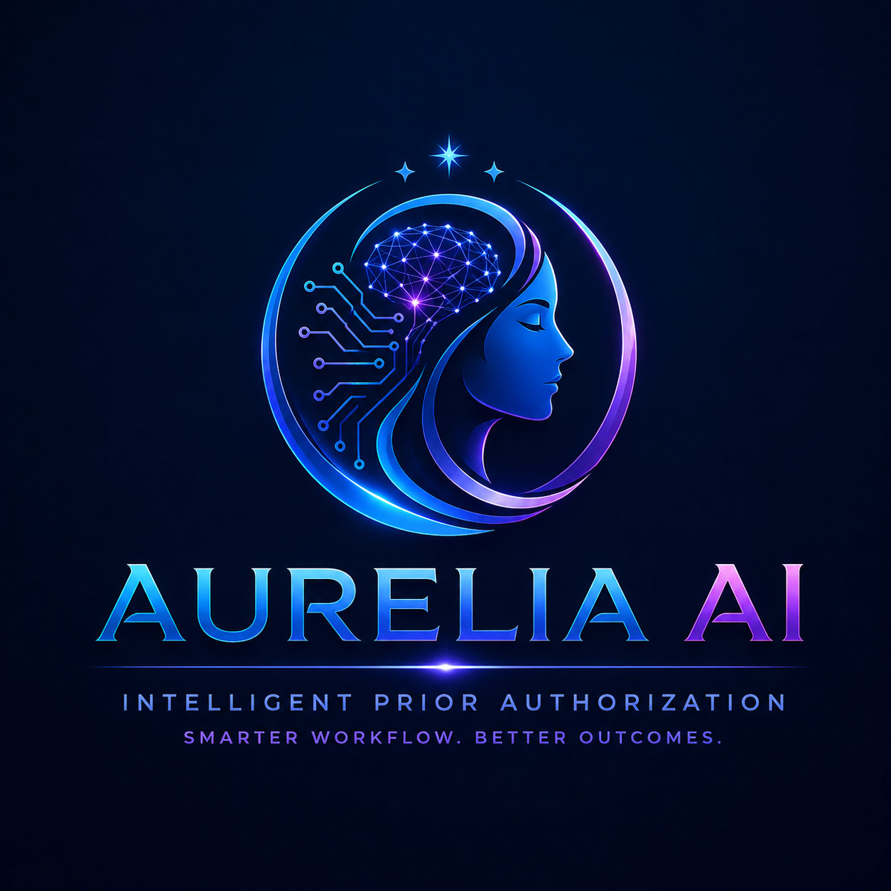 Aurelia AI logo with glowing blue-purple profile and circuit design; text: “Intelligent Prior Authorization”