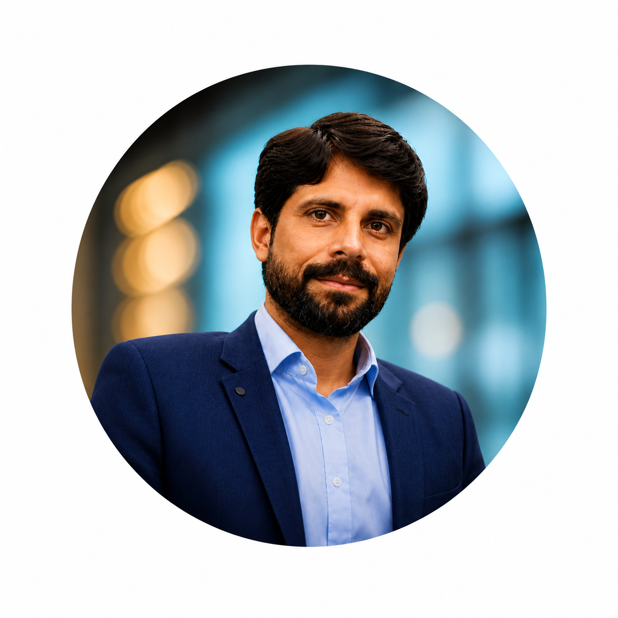 Portrait of a man in a navy blazer and light blue shirt against a blurred blue background
