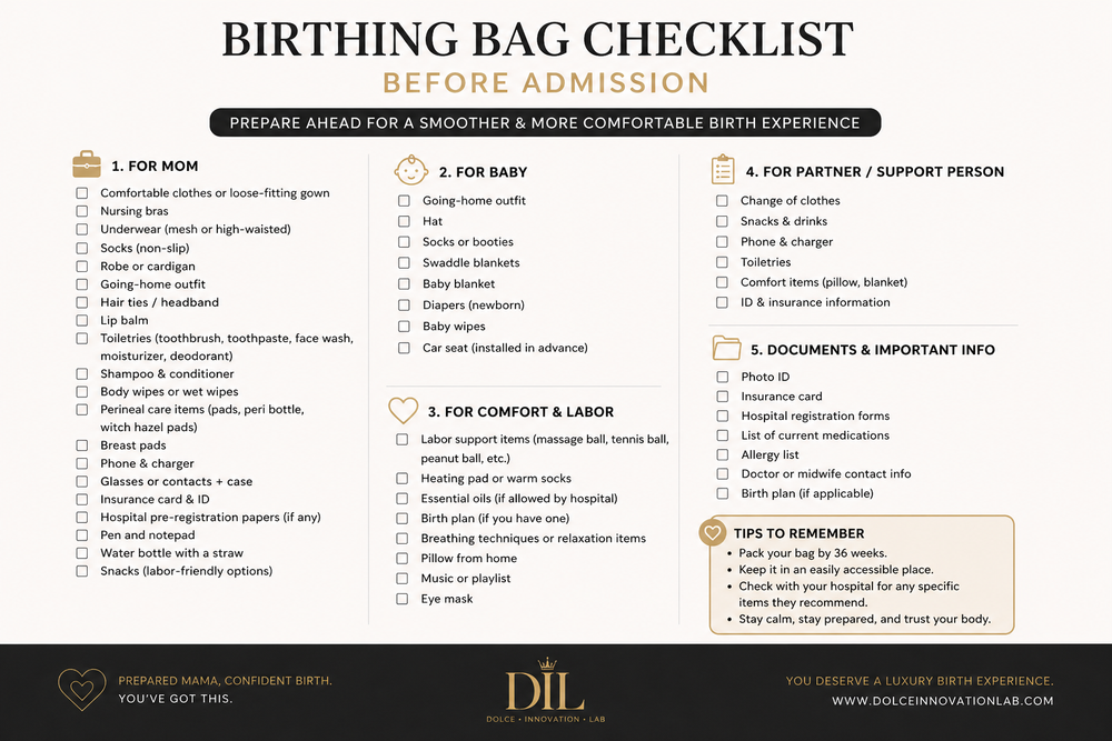Checklist poster titled “Birthing Bag Checklist Before Admission” with six packing categories and a beige