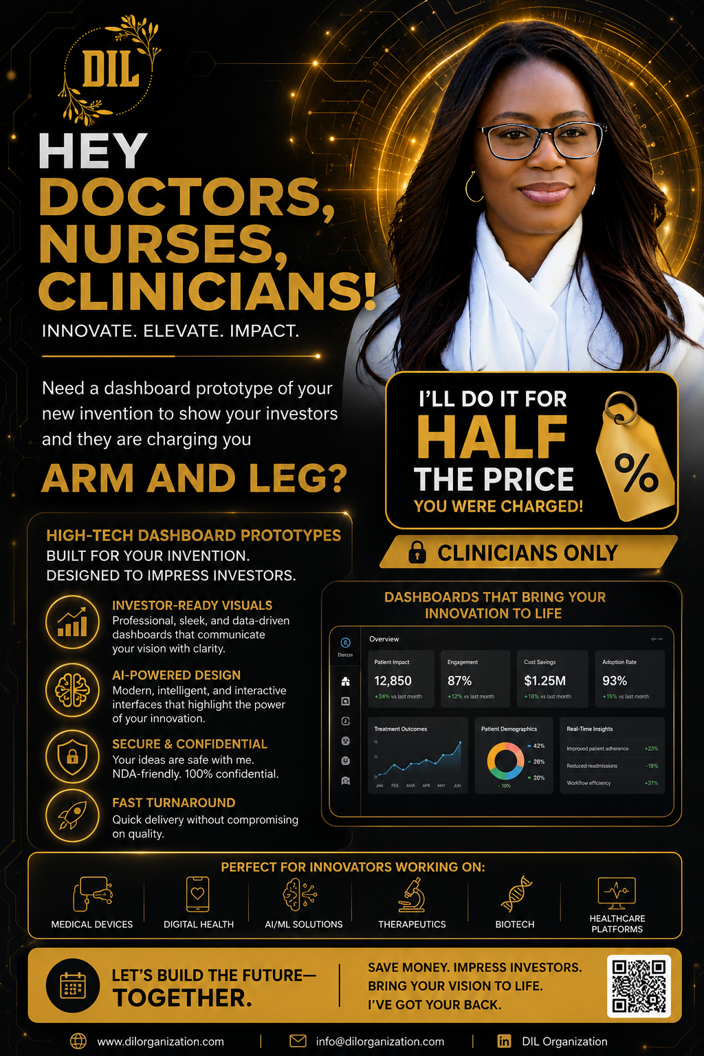 Black and gold clinic promo poster for doctors, nurses, and clinicians, with a woman portrait and half-price offer