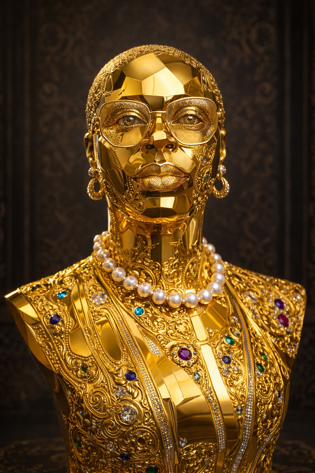 Gold ceremonial bust with ornate jewelry and jeweled clothing on a dark background